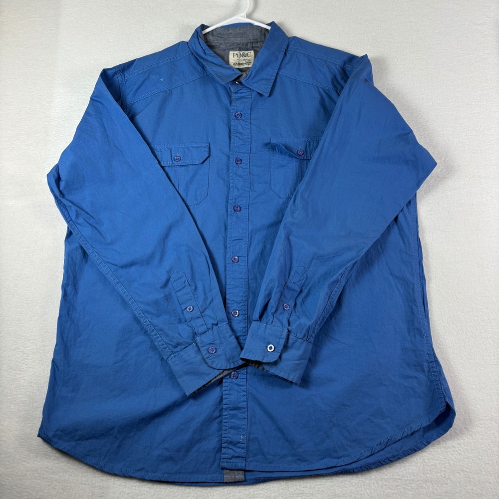 PD&C Mens XXL Blue Cotton Long Sleeve Button Down Utility Shirt 9135